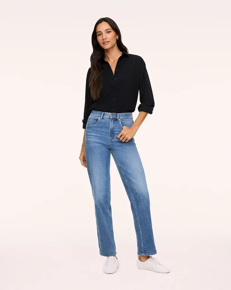 Woman wearing SPANX denim