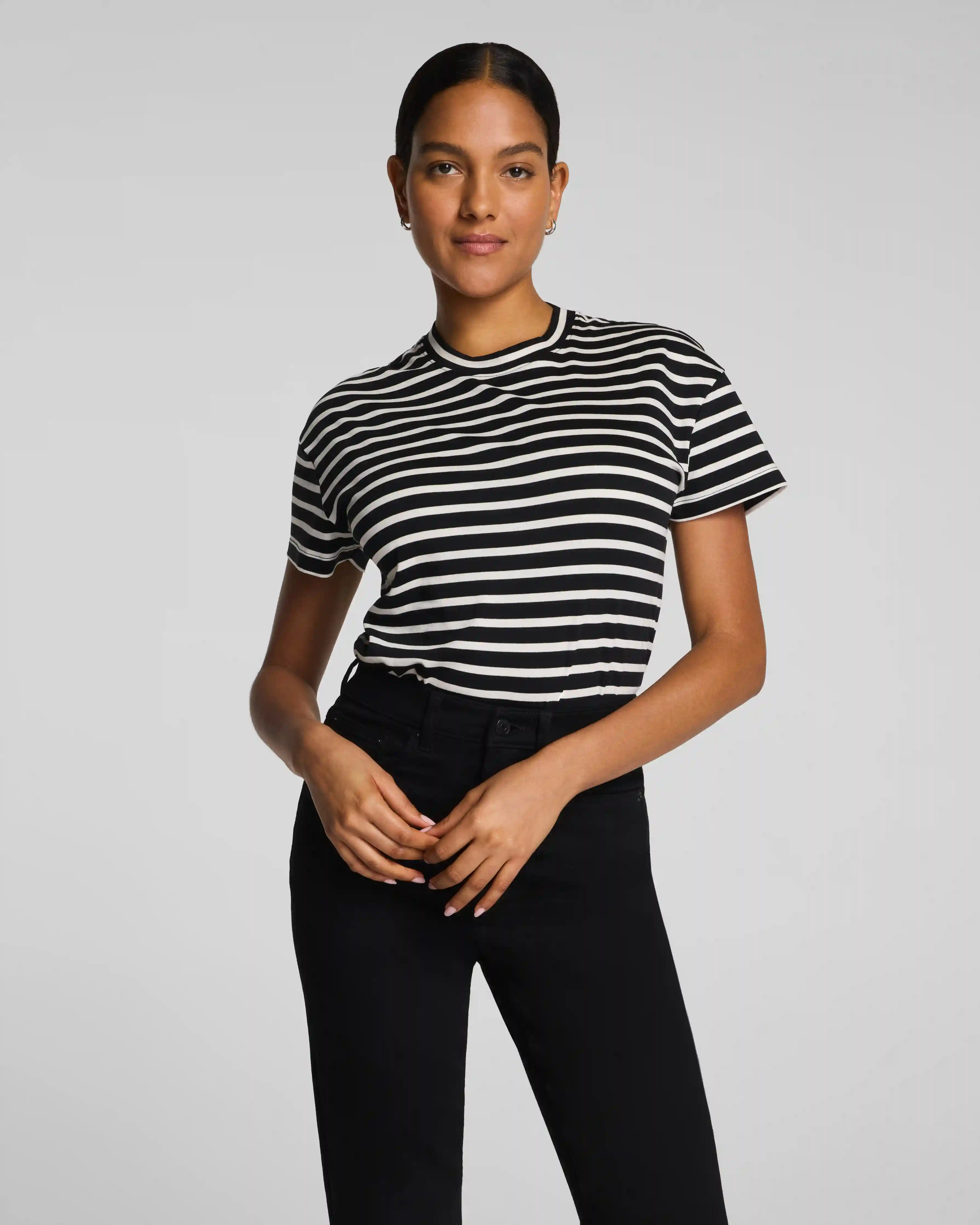 Alternative view of SPANX® Lightweight Cotton Short Sleeve Crewneck Bodysuit | Classic Black/Linen Stripe