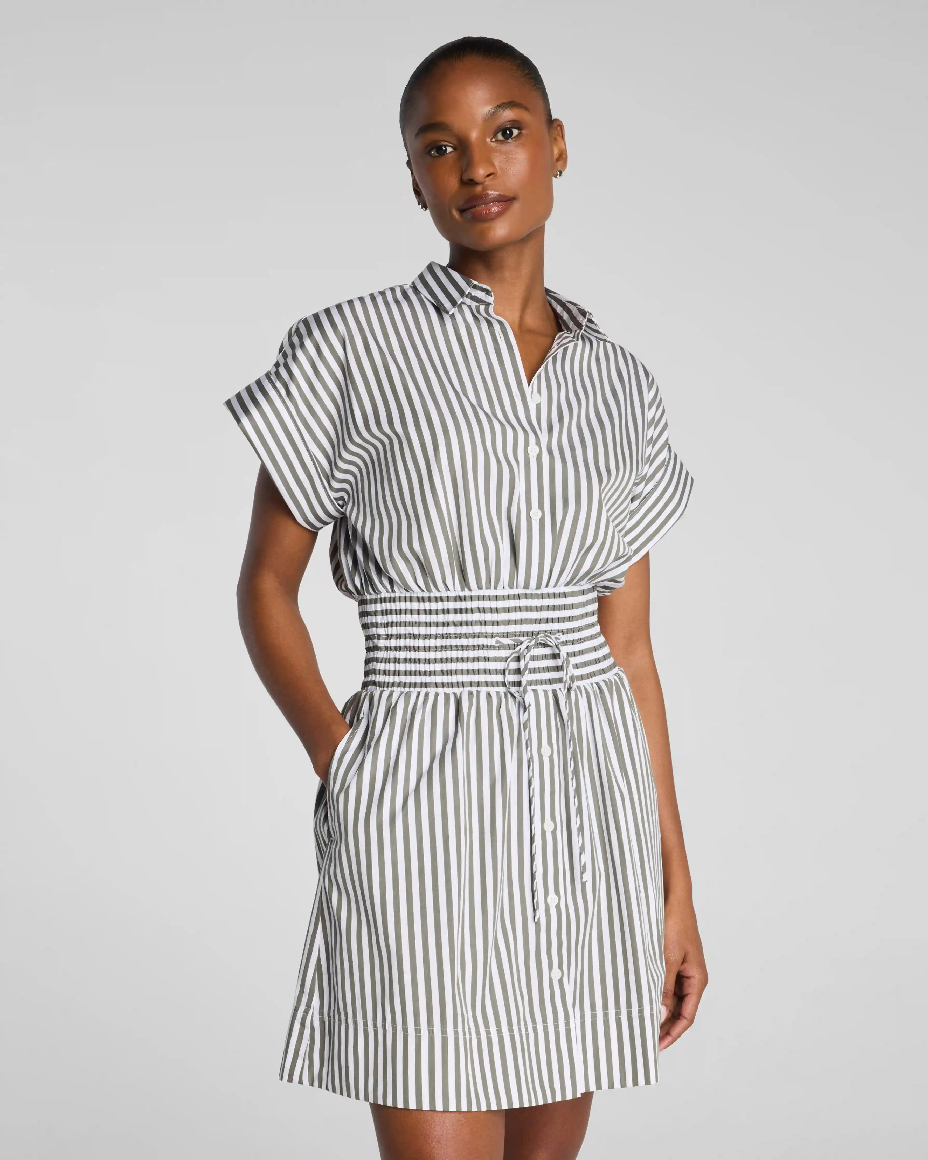 Alternative view of SPANX® Poplin Smocked Mini Shirt Dress | Frosted Moss/Classic White Stripe
