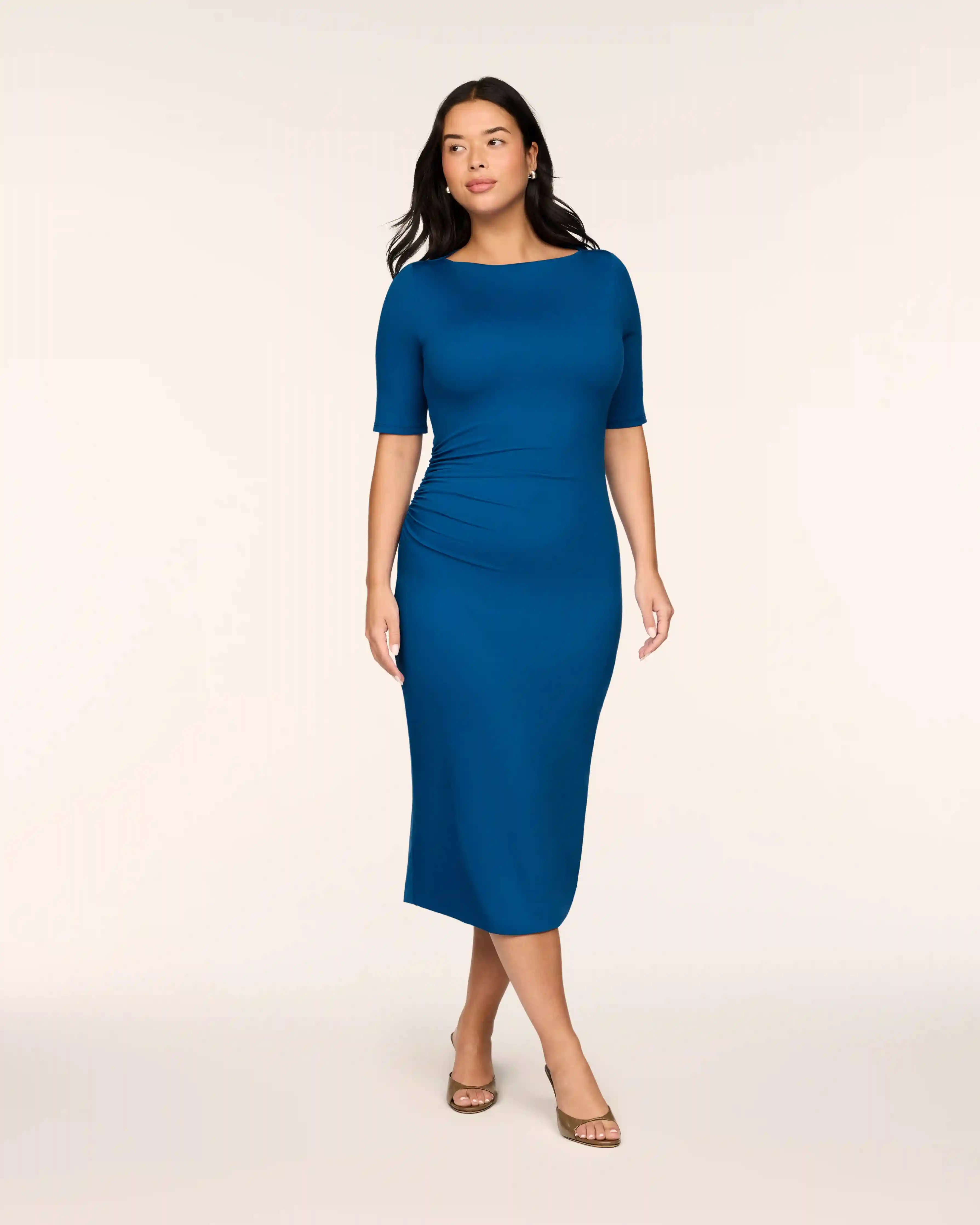 SPANXsmooth® Jersey High Neck Ruched Midi Dress | Cadet Blue