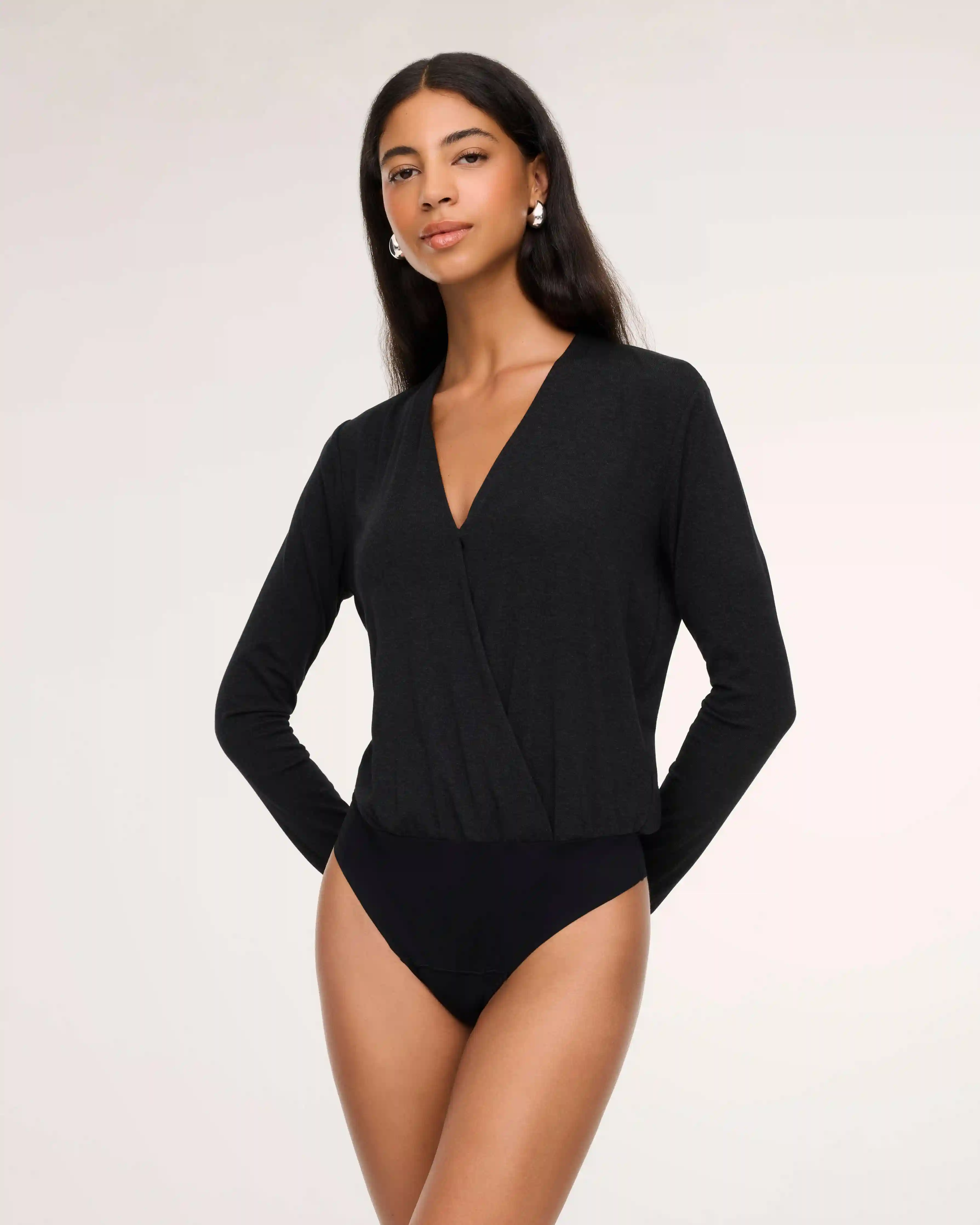 Alternative view of SPANX® CashKnit Long Sleeve Wrap Bodysuit | Classic Black