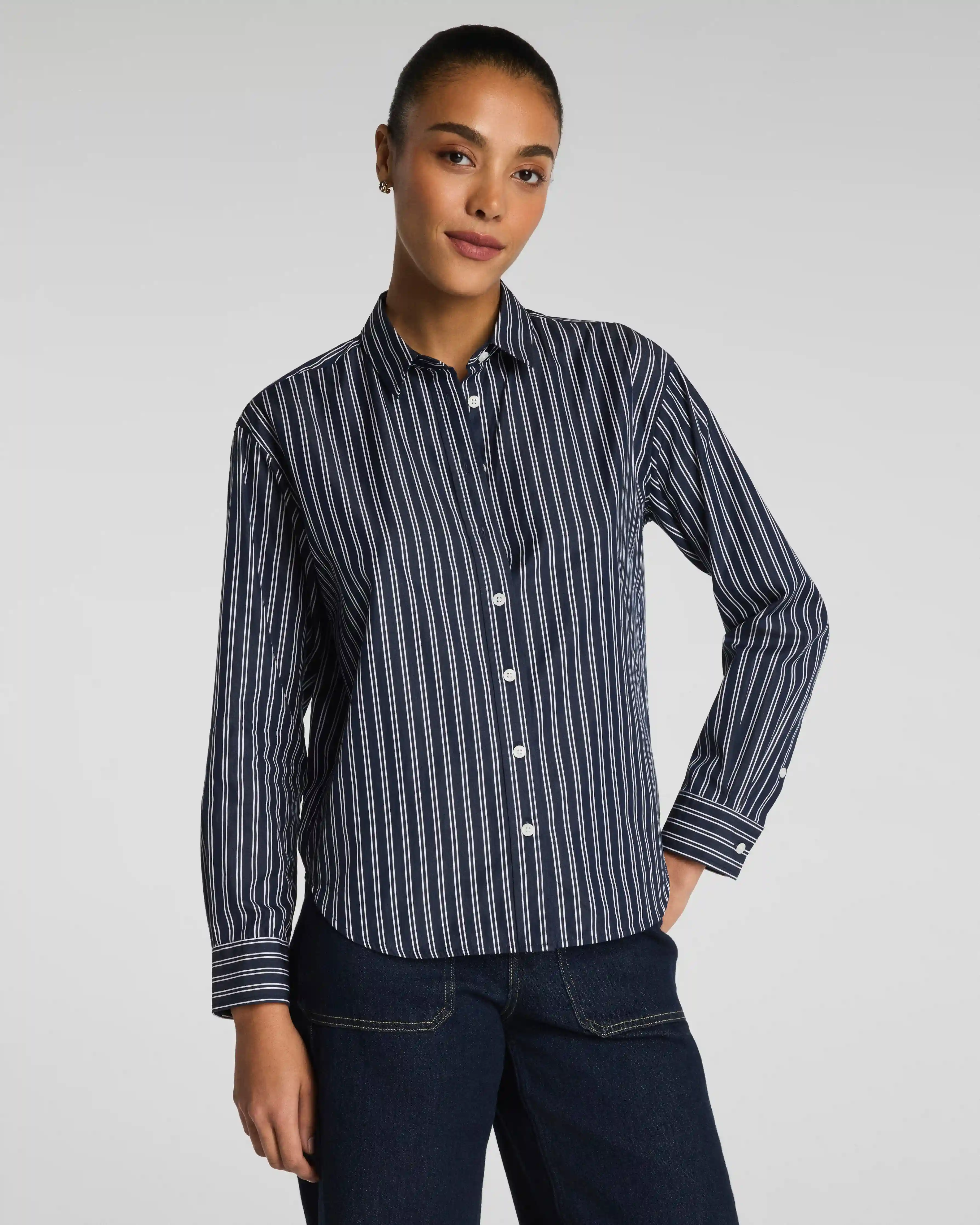 SPANX® Poplin Oversized Button-Up Shirt | Timeless Navy/Classic White