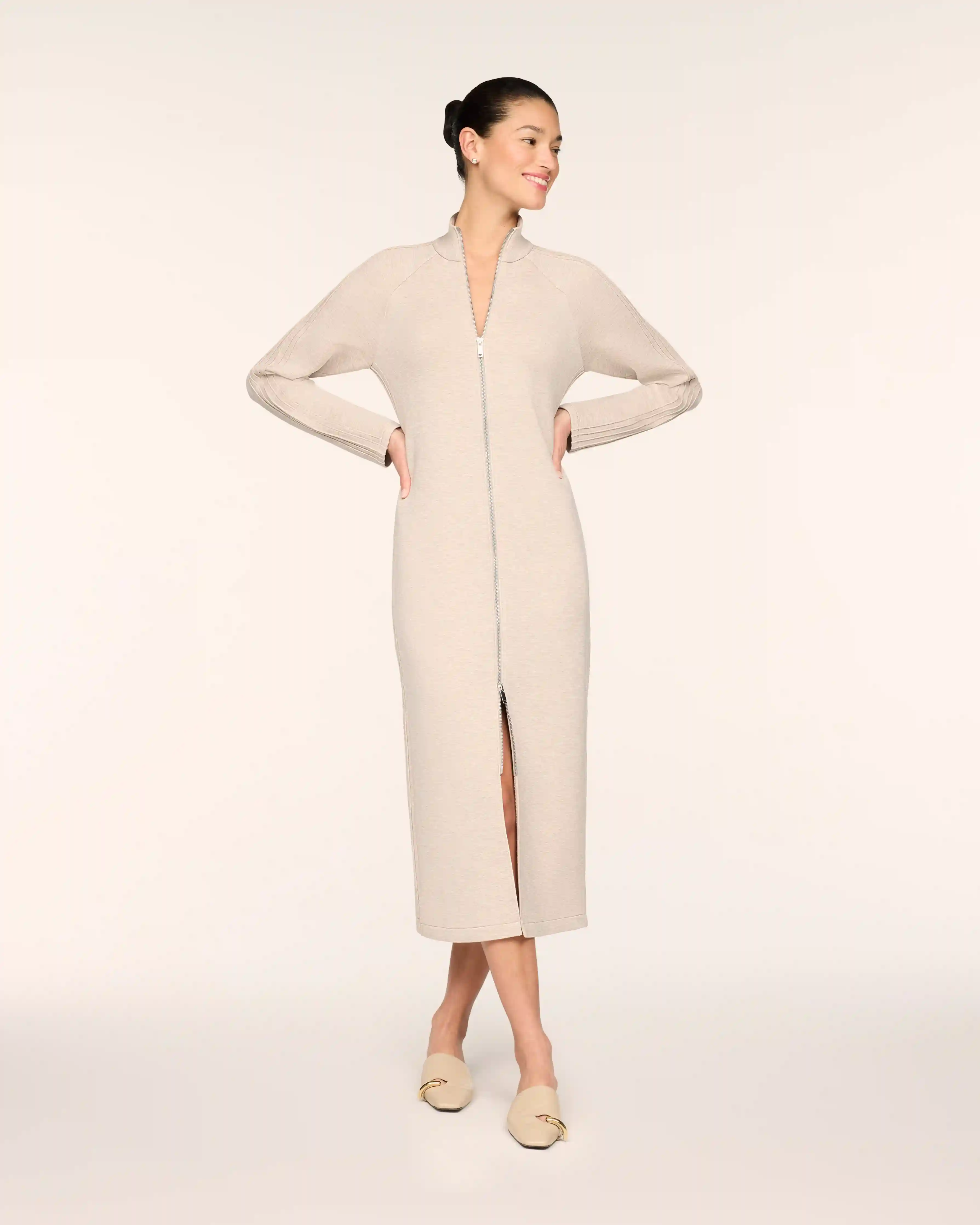 SPANX AirEssentials® Pintuck Zip Front Maxi Dress | Bone Heather