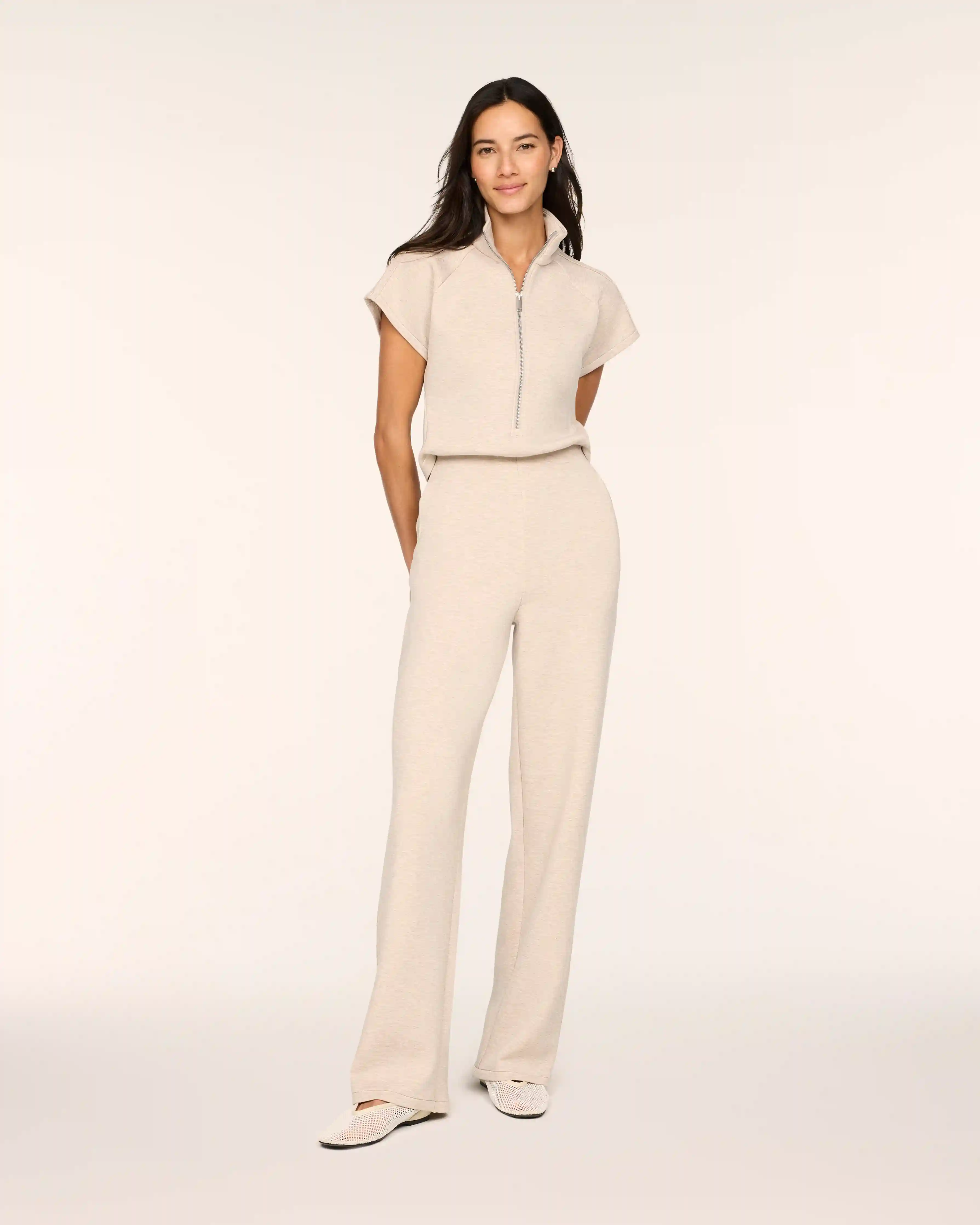 SPANX AirEssentials® Pintuck Half Zip Jumpsuit | Bone Heather
