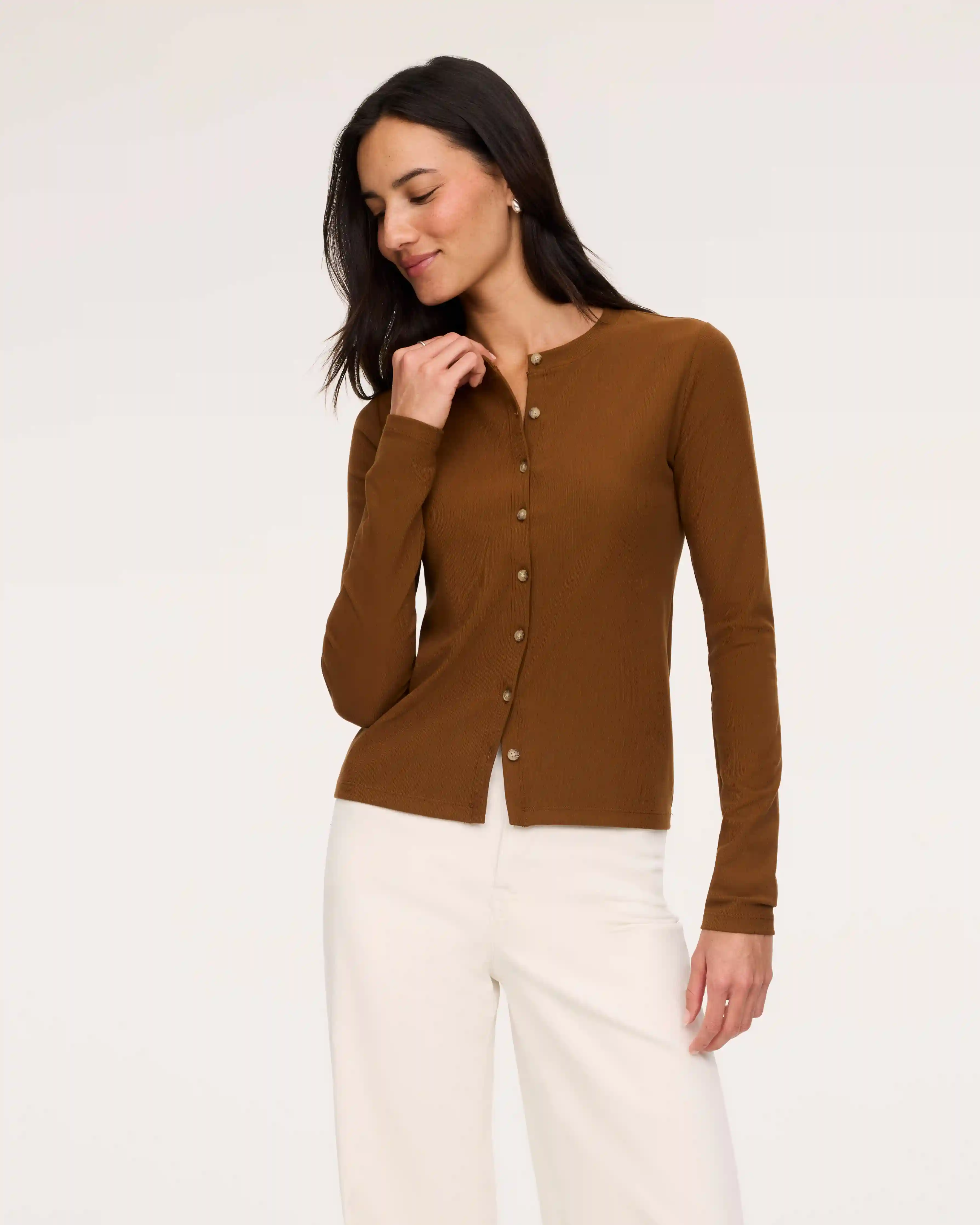 SPANX® Ribbed Knit Crewneck Cardigan | Brandy