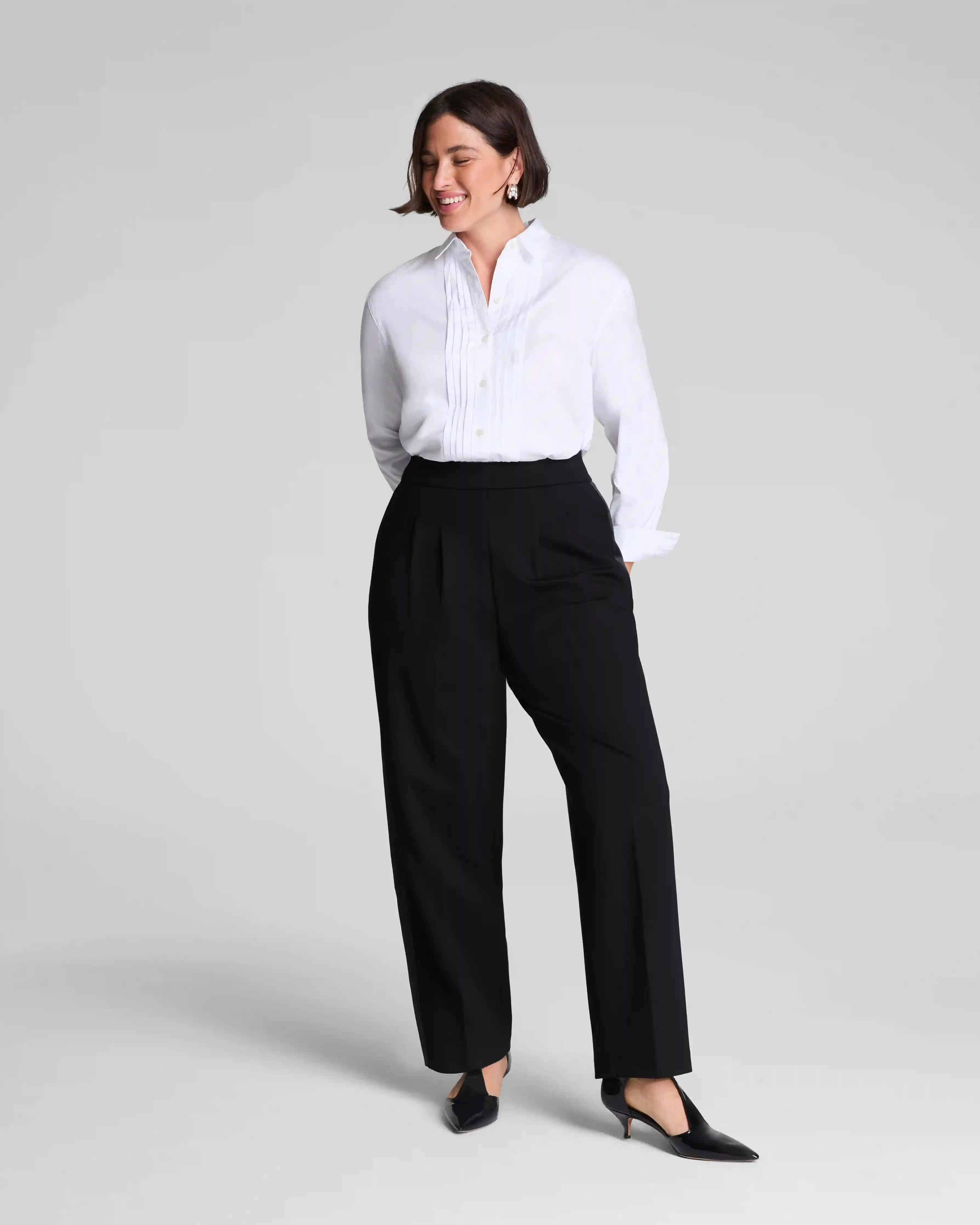 SPANX® Ponte Pleated Barrel Leg Trouser with Tuxedo Stripe | Classic Black