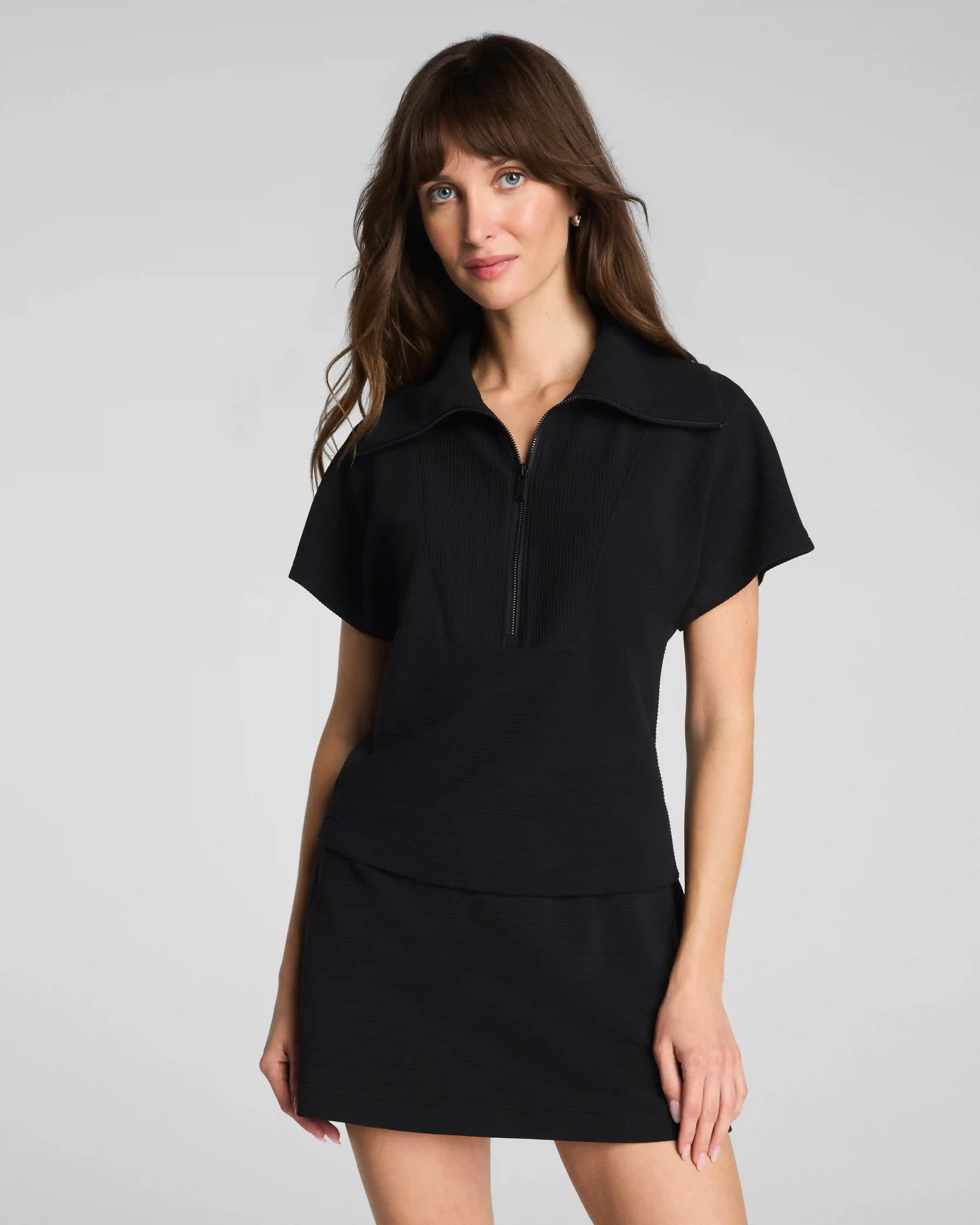 SPANX AirEssentials® French Rib Short Sleeve Half Zip | Very Black