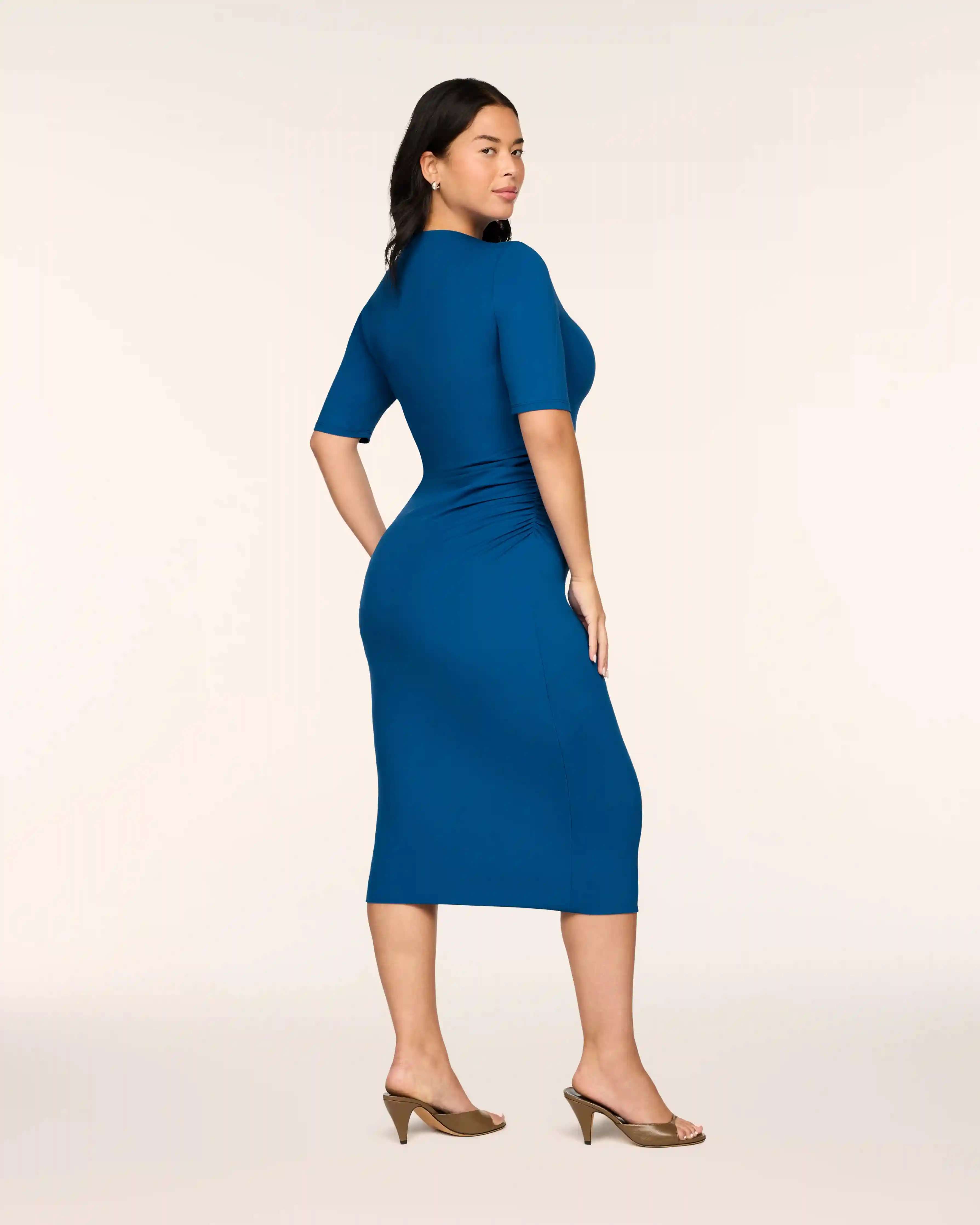 Alternative view of SPANXsmooth® Jersey High Neck Ruched Midi Dress | Cadet Blue