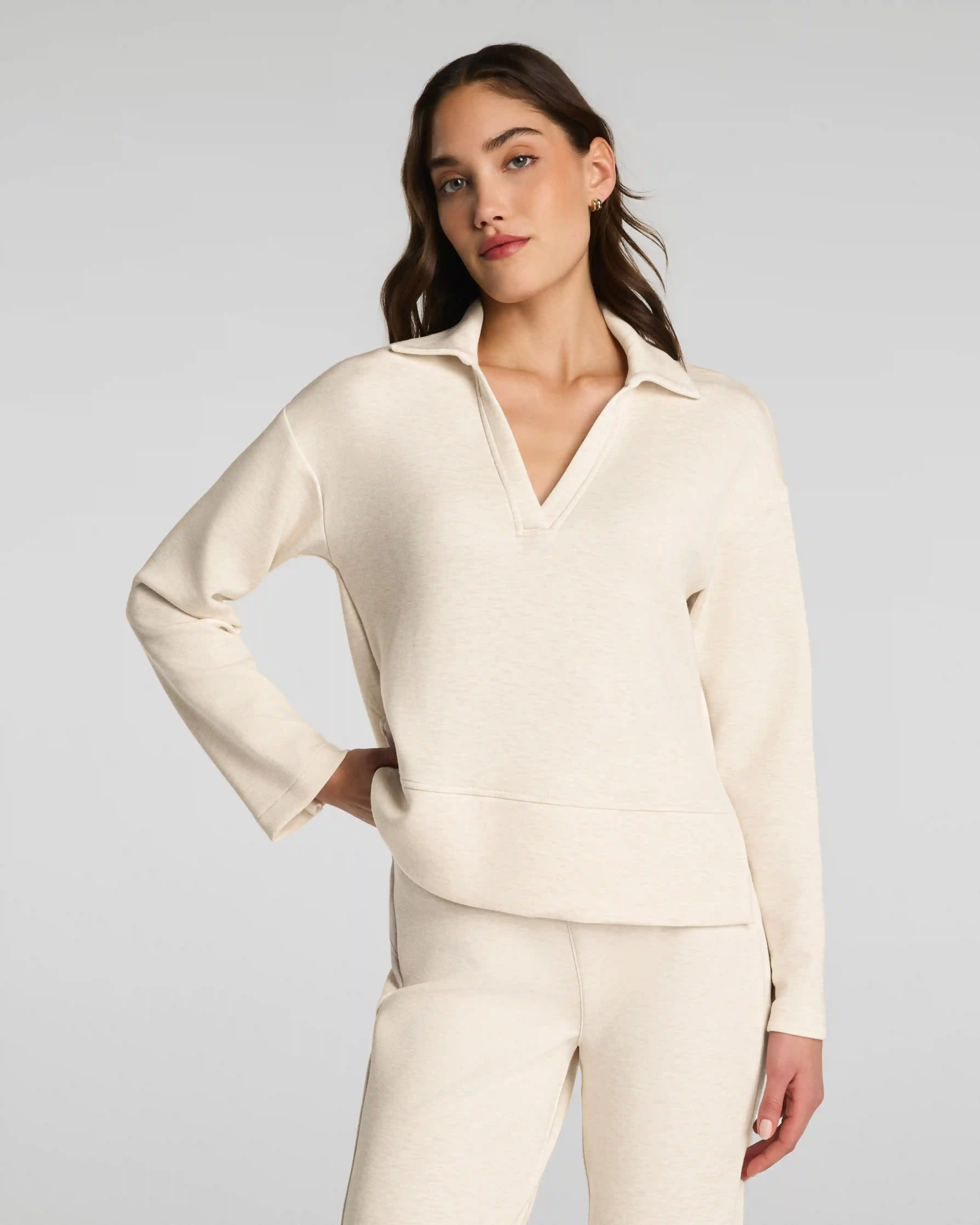 SPANX AirEssentials® Long Sleeve Polo Top | Oatmeal Heather